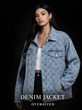 Blue Monogram Denim Jacket Women’s Oversized Trucker Logo Pattern Streetwear L